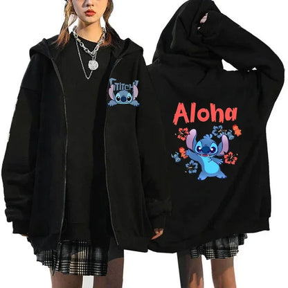 Womens Black Zip Hoodie Lilo & Stitch Mascot Costume Womens Winter Jacket Sale Sweater Aesthetic Pattern Hoodie Outerwear