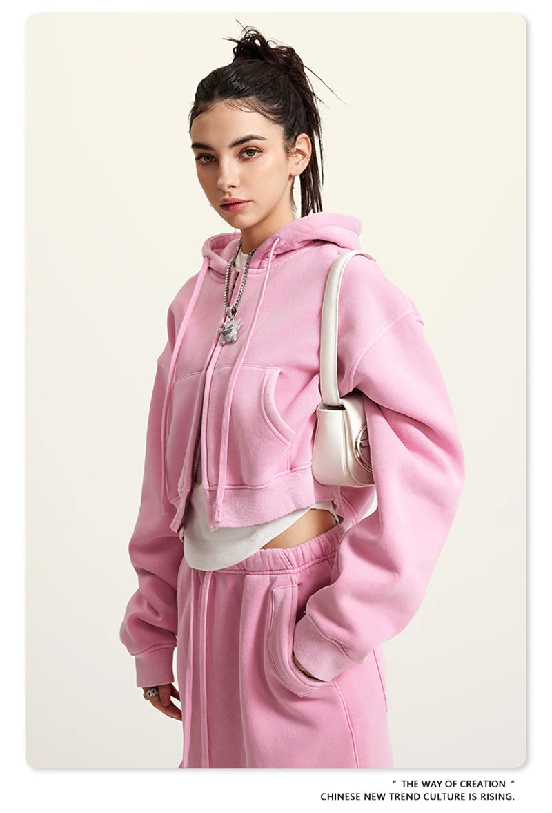 ZODF Retro 2025 Winter Women Short Zipper Hoodies Female Girls Loose 355gsm Thick Fleece Hooded Zip-up Coat Streetwears HY0448