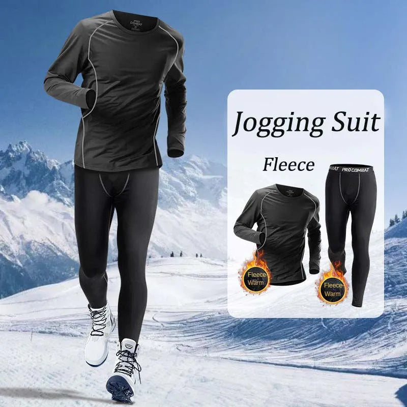 Men’s Winter Warm Running Set 1-2 Pcs Sports Underwear Fast Drying Fleece Tracksuit for Skiing Basketball Training
