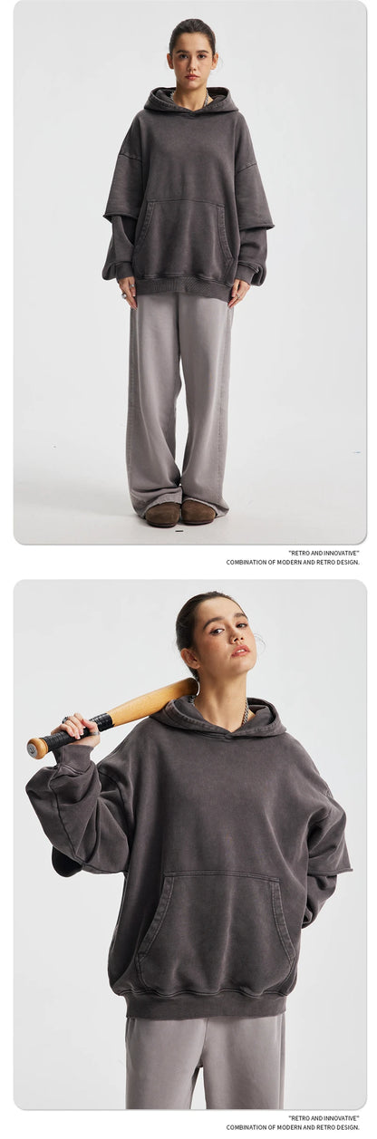 ZODF New Autumn Men's Washed Heavy Weight Cotton Hoodies Unisex Retro Fake 2 Peice 430gsm Loose Edge Hooded Pullovers HY1082