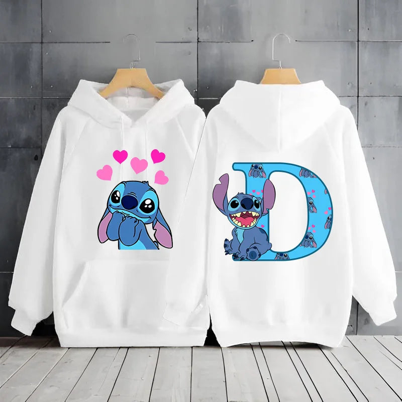 2025 Women's Winter Jacket Cute Kawaii Disney Lilo & Stitch Lucky Letter Print White Hoodie Fashion Couple Streetwear Sportswear