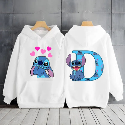 2025 Women's Winter Jacket Cute Kawaii Disney Lilo & Stitch Lucky Letter Print White Hoodie Fashion Couple Streetwear Sportswear