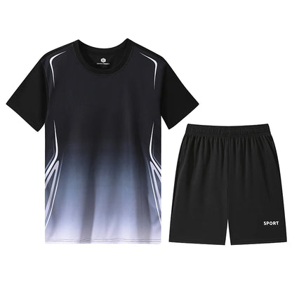 Chrlck Unisex Gradient Quick-Dry Ice Silk Fitness T-Shirt and Shorts Set for Running Gym Training - Black / L(50kg-59kg)
