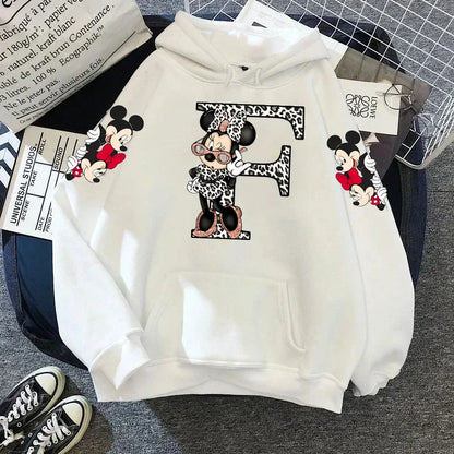 2024 Women's Winter Jacket Cute Kawaii Disney Mickey Mouse Lucky Letters Print White Hoodie Fashion Couple Streetwear Sportswear
