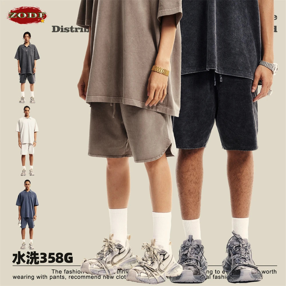 ZODF New 2024 Men Washed Plush Cotton Shorts Unisex Couple Loose 358gsm Distressed Comfortable Short Pants Streetwears HY0807
