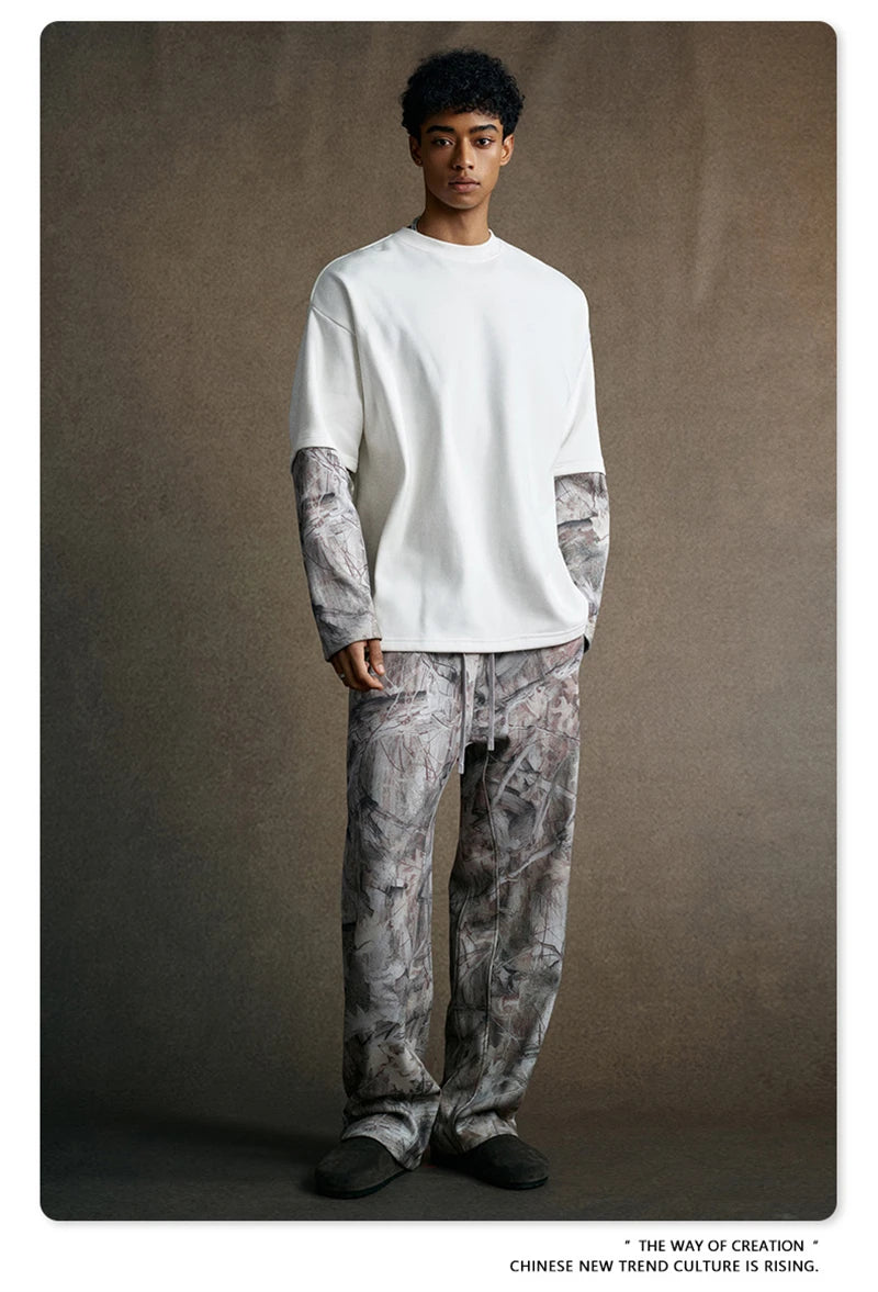 ZODF New Autumn Man Heat Transfer Printing T-Shirt Unisex Oversized 340gsm Fake 2-Piece Long Sleeve T Shirts Brand Tops HY1113