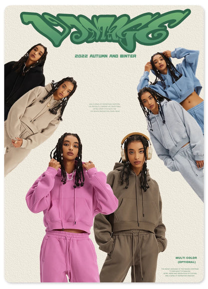 ZODF Chic Sexy Women Super-short Fleece Cropped Hoodies Girl Female Hip Hop Loose 345gsm Solid Hooded Pullover Streetwear HY0340