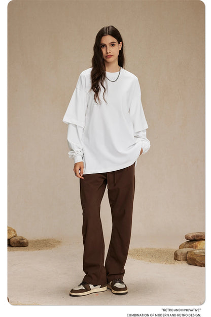 ZODF Fashion Spring Autumn Men 100% Cotton T-Shirt Unisex Fake 2-Piece 305gsm Solid Full Sleeve O Neck T Shirt Brand Tees HY0925