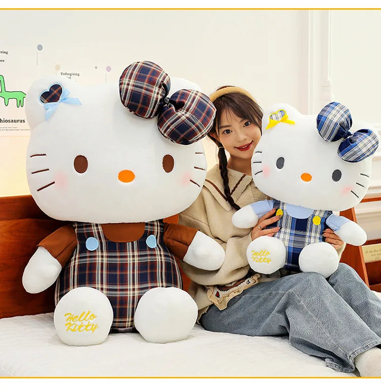 Sanrio Hello Kitty Plush Toy Retro Plaid Skirt Kitty Doll Stuffed Animal Creative Gift for Kids Birthday Christmas Girls Pillow