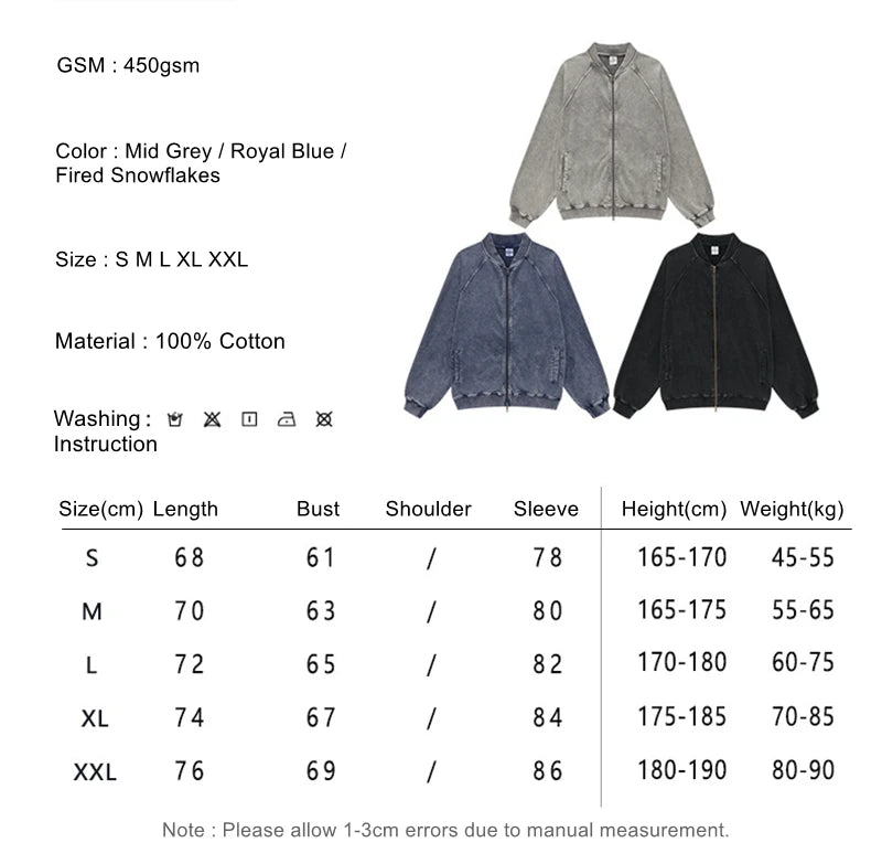 ZODF New Winter Washed Double Zipper Jackets For Men Unisex Loose Heavy Weight 450gsm Raglan Sleeve Cotton Coats HY0654