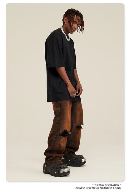 ZODF New Summer Men Washed Batik Cotton T Shirts Unisex American Retro High Street 270gsm Short Sleeve Tees Streetwear HY0489