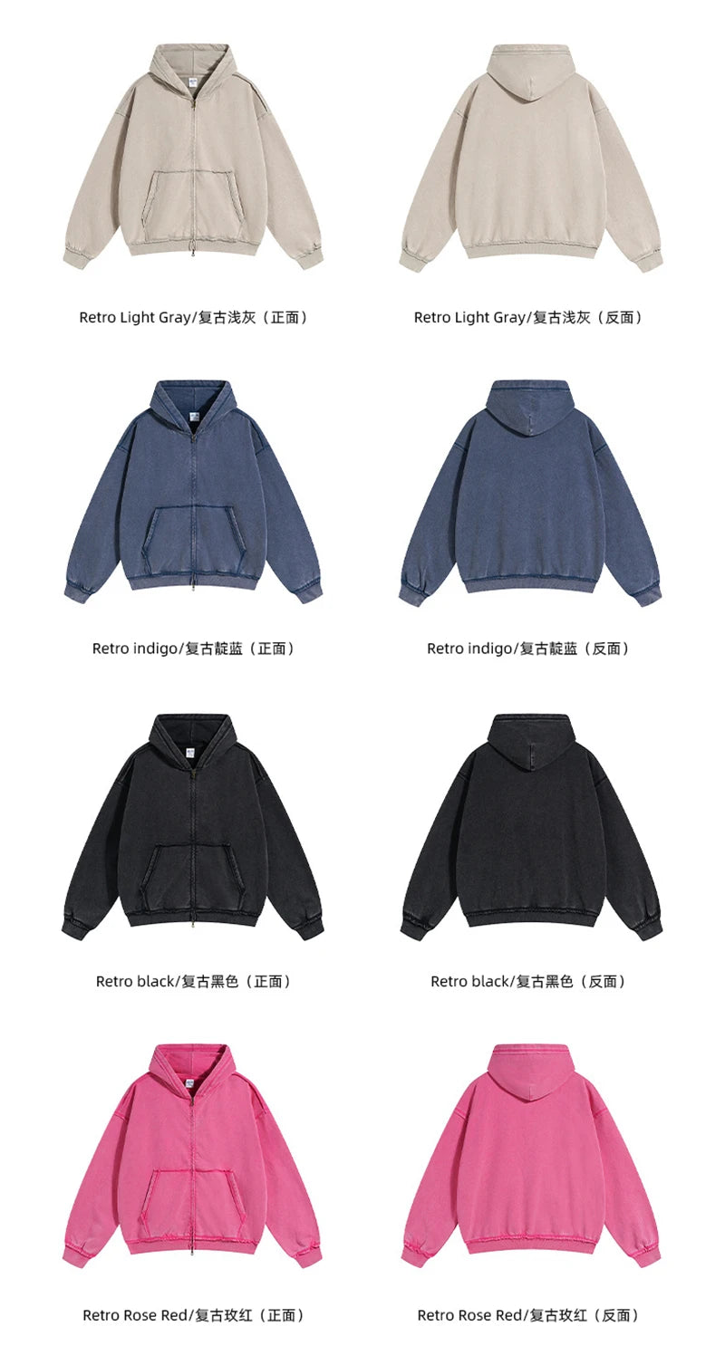 ZODF Retro Men's Heavyweight 450gsm Zipper Hoodies Unisex Loose Distressed Washed Batik Knitted Hooded Coat Jacket HY0889