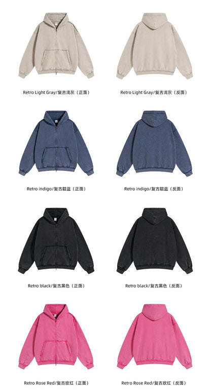 ZODF Retro Men's Heavyweight 450gsm Zipper Hoodies Unisex Loose Distressed Washed Batik Knitted Hooded Coat Jacket HY0889