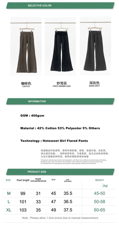 ZODF Retro Winter Women 400gsm Fleece Flared Pants Casual Girls Female Slim Fit Warm Washed Distressed Trousers HY1142