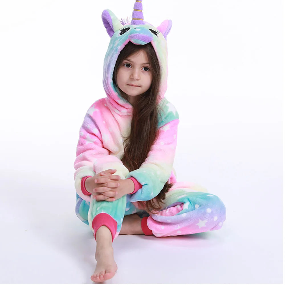 Kigurumi Kids Unicorn Fox Pajamas Winter Soft Warm Toddler Boy Jumpsuit Teen Girl Pijamas Zipper Hooded Animal Cosplay Costumes