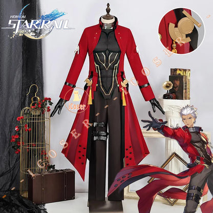 iCoser Honkai Star Rail Fate Archer Cosplay Costume Wig Uniform Red Coat Gloves Halloween Party for Women Girls Carnival Props