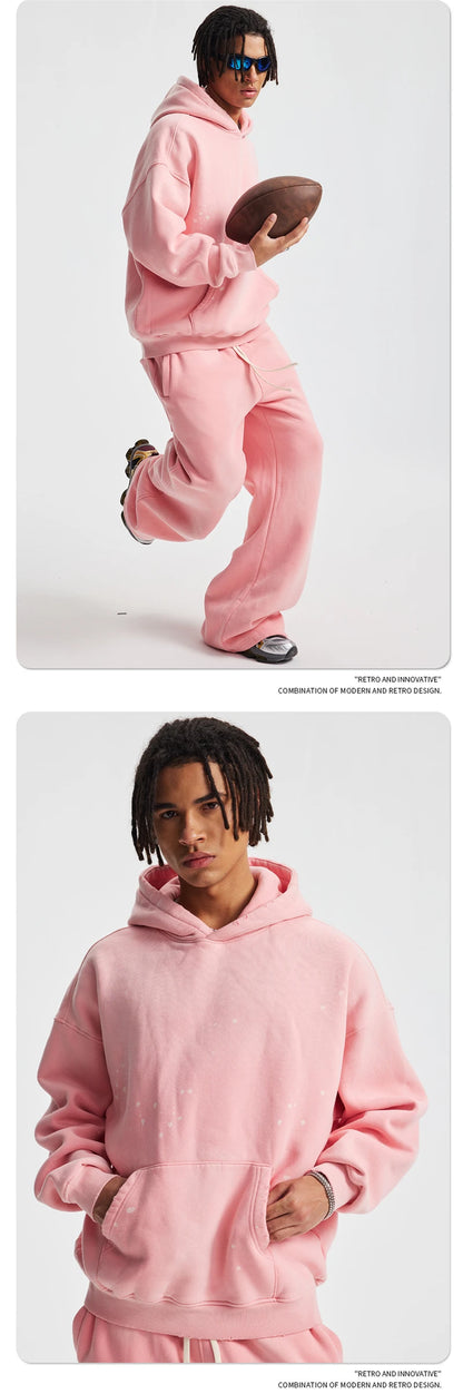 ZODF Trendy Men Washed 360gsm Fleece Hoodies Unisex Oversized Warm Paint Distressed Hooded Pullovers Winter Coat HY0947