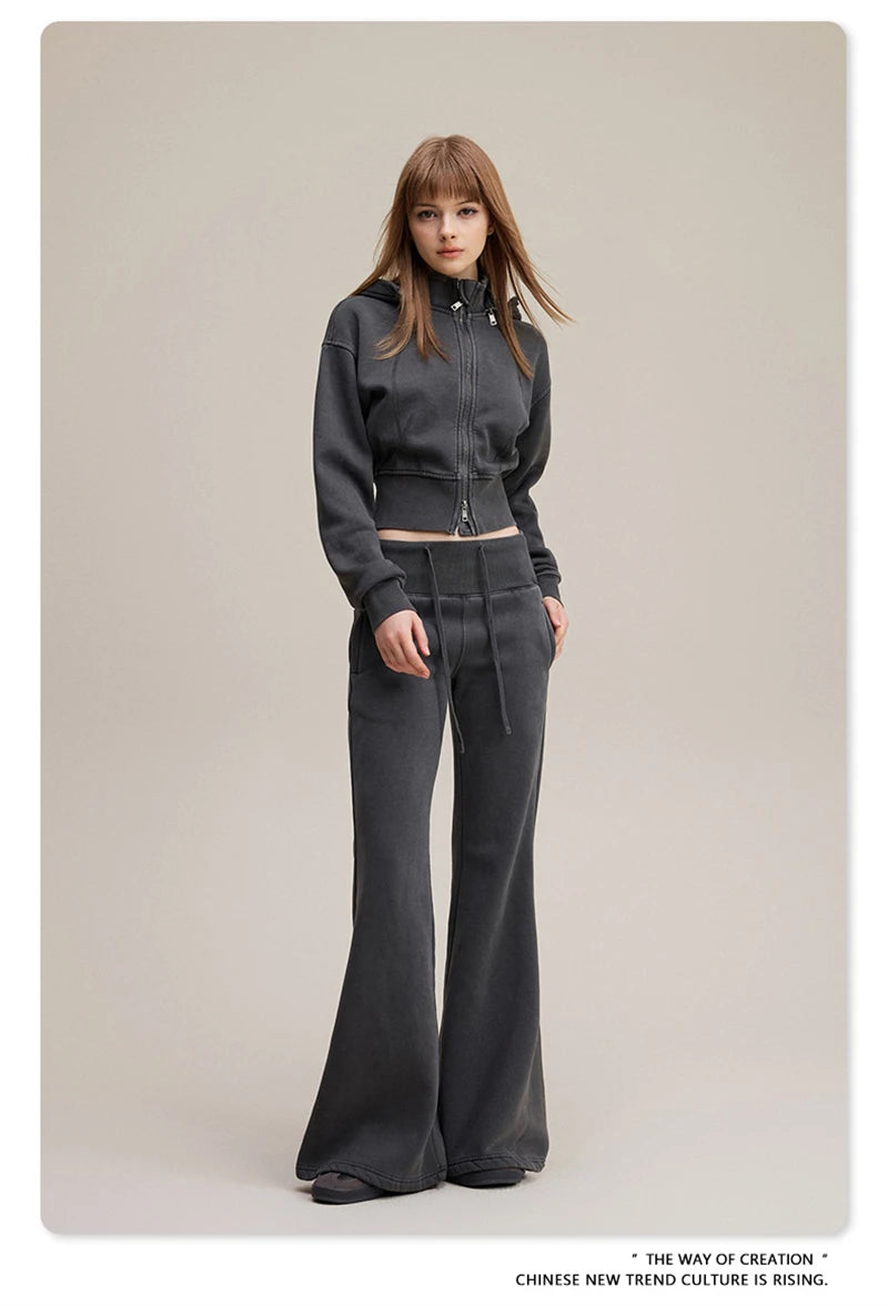 ZODF Retro Winter Women 400gsm Fleece Flared Pants Casual Girls Female Slim Fit Warm Washed Distressed Trousers HY1142