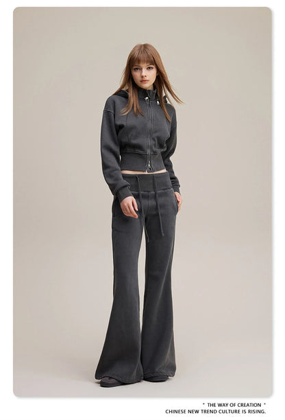 ZODF Retro Winter Women 400gsm Fleece Flared Pants Casual Girls Female Slim Fit Warm Washed Distressed Trousers HY1142