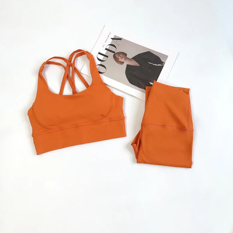 2 Pieces Yoga Set Women Gym Set Workout Clothes Sports Suits High Waist Leggings Cross Straps Fitness Bra Top Running Tracksuit