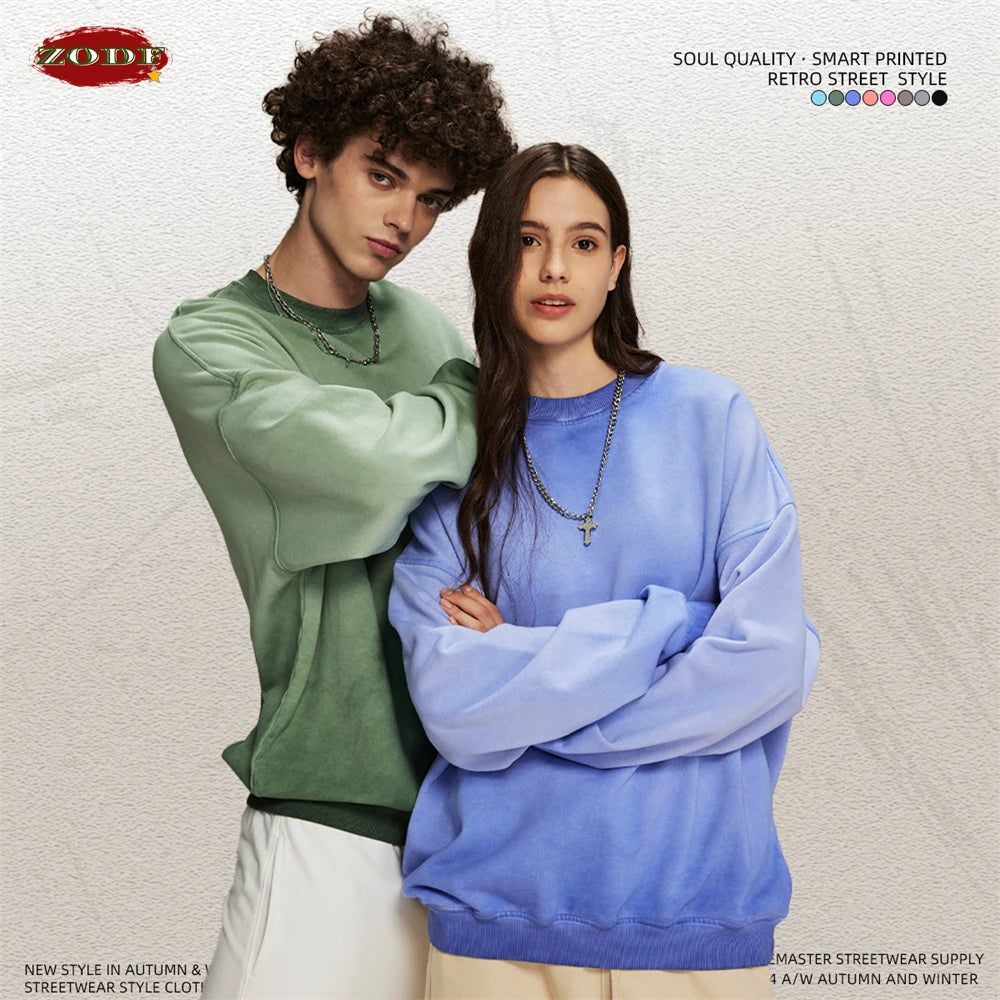 ZODF 2024 Autumn Men's Washed Sweatshirt Unisex Women Retro Solid 430gsm Terry Cotton O Neck Pullovers Coat HY0880