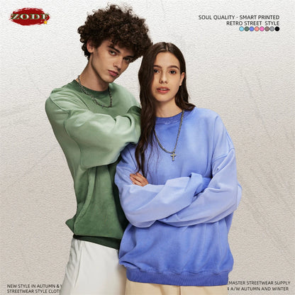 ZODF 2024 Autumn Men's Washed Sweatshirt Unisex Women Retro Solid 430gsm Terry Cotton O Neck Pullovers Coat HY0880