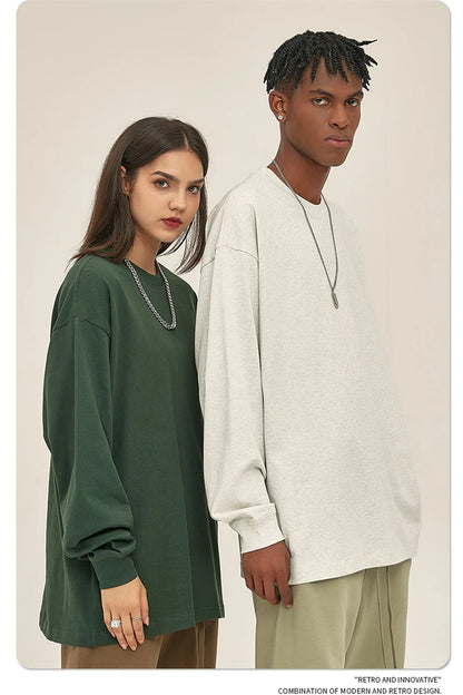 ZODF New 2025 Autumn Men 305gsm 100% Cotton T Shirt Unisex Loose Heavy Weight Basic Long Sleeve Solid T-Shirts Tops HY0634