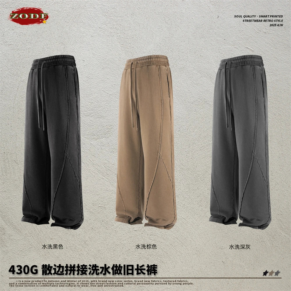 ZODF Retro Autumn Washed Loose Edge 430gsm Cotton Pants For Man Unisex Distressed Old Money Straight Patchwork Trousers HY1105