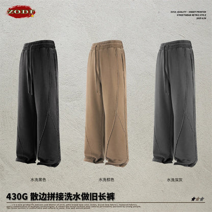 ZODF Retro Autumn Washed Loose Edge 430gsm Cotton Pants For Man Unisex Distressed Old Money Straight Patchwork Trousers HY1105