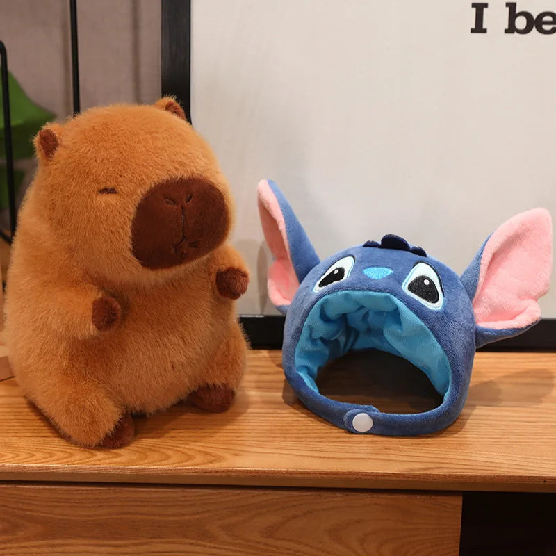 Capybara Soft Doll Cute Stuffed Capibara Anime With Pikachu Stitch Kuromi Hat Toy Kawaii Plushie Xmas Gift for Girl Friend