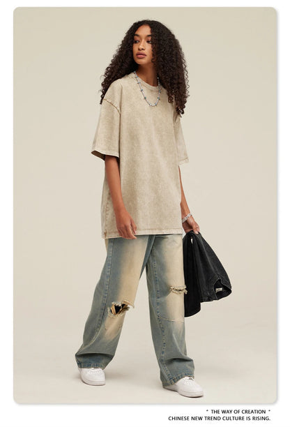 ZODF New Summer Men Washed Batik Cotton T Shirts Unisex American Retro High Street 270gsm Short Sleeve Tees Streetwear HY0489