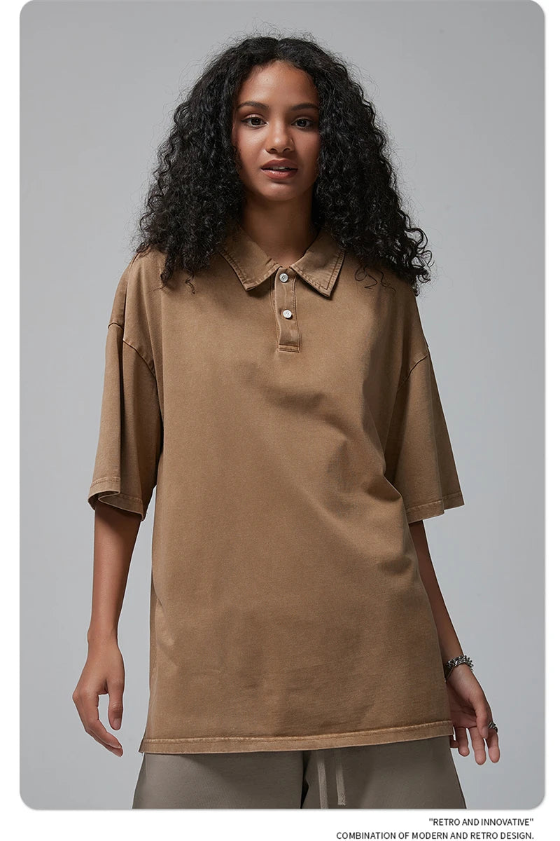 ZODF Summer Men Batik Washed 275gsm Cotton T Shirt Unisex Retro Turn Down Collar Short Sleeve T-shirts Tees HY0533