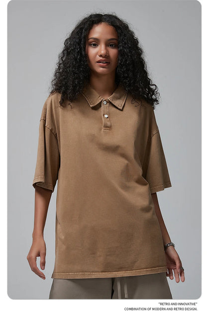 ZODF Summer Men Batik Washed 275gsm Cotton T Shirt Unisex Retro Turn Down Collar Short Sleeve T-shirts Tees HY0533