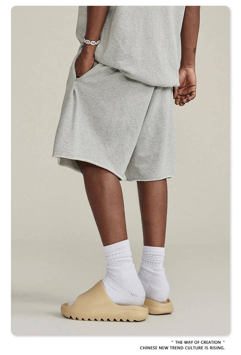 ZODF New Summer Men Retro Washed Shorts Unisex Drawstring Loose Edge 420gsm Solid Knee Length Cotton Pants Streetwears HY0589