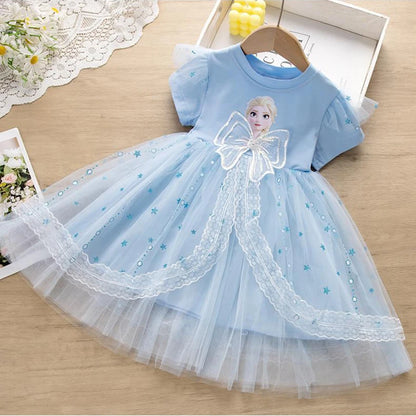 MINISO Girls Dress Blue Toddler Girl Mesh Lace Dress Summer Infant Fuffy Tulle Tutu Frozen Princess Dress 2 to 3 4 5 6 7 8Years