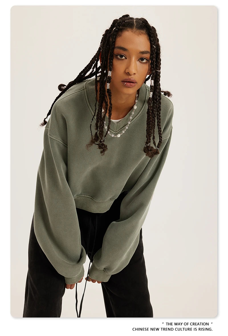 ZODF Winter Women Short Fleece Cropped Sweatshirts Girls Female Hip Hop Loose 400gsm V-Neck Pullovers Brand Tops HY0437