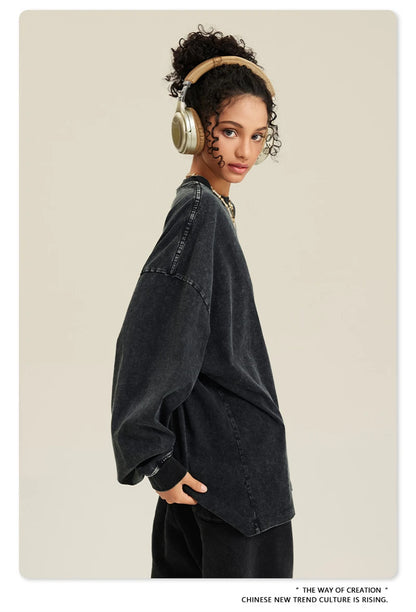 ZODF Retro 2025 Men Autumn Batik Washed T Shirt Unisex Oversized Basic Long Sleeve Solid 270gsm Cotton T-Shirts Tees HY0641