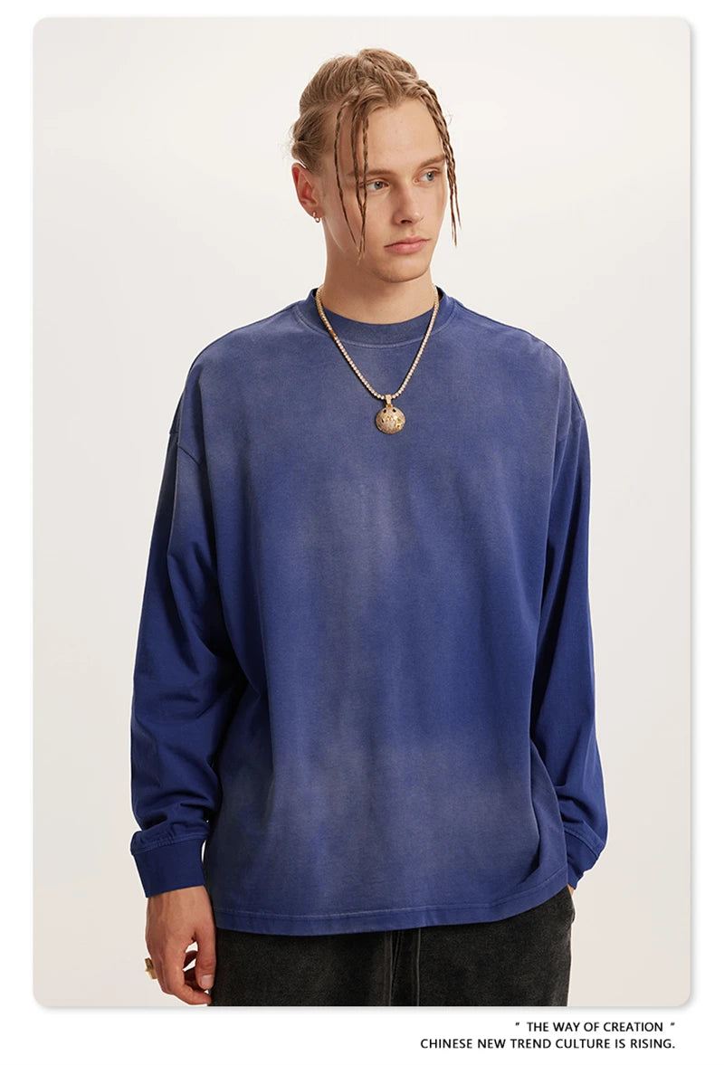 ZODF Retro Monkey Washed 260gsm Cotton T-Shirt For Men Unisex High Street Loose Full Sleeve T Shirt Brand Streetwear HY0406