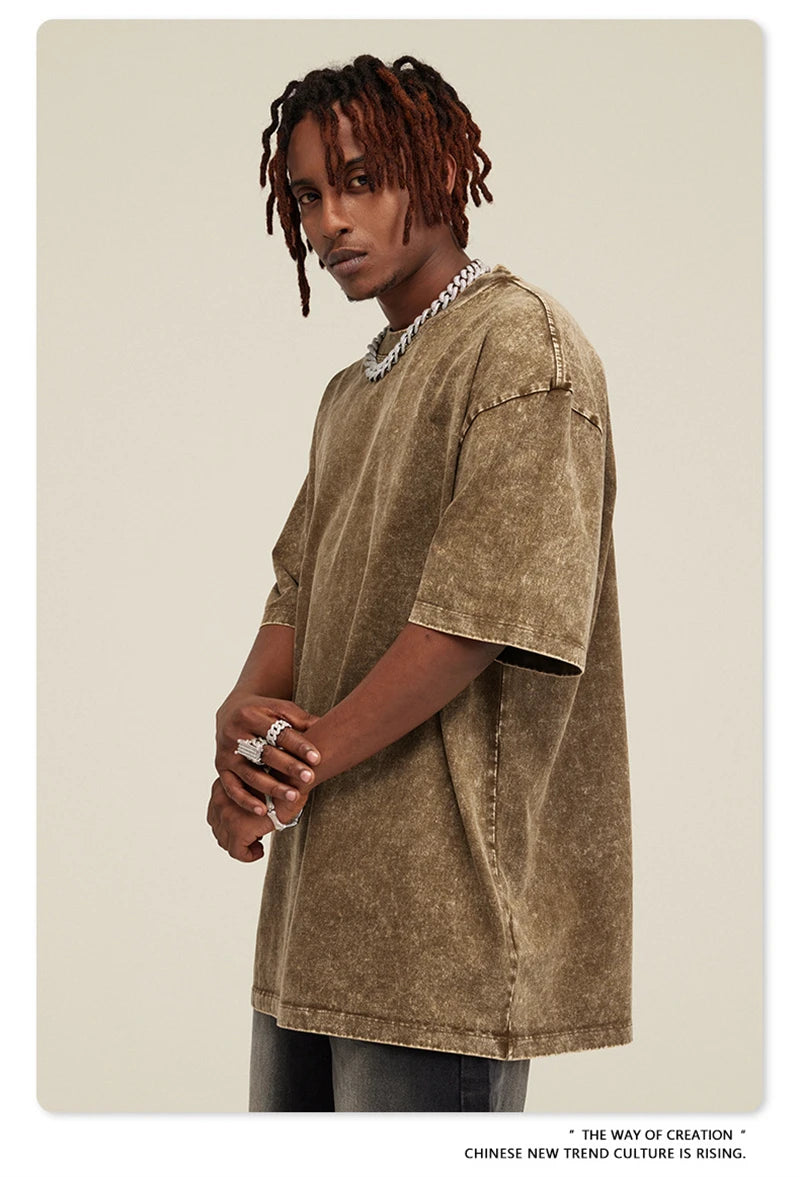 ZODF New Summer Men Washed Batik Cotton T Shirts Unisex American Retro High Street 270gsm Short Sleeve Tees Streetwear HY0489