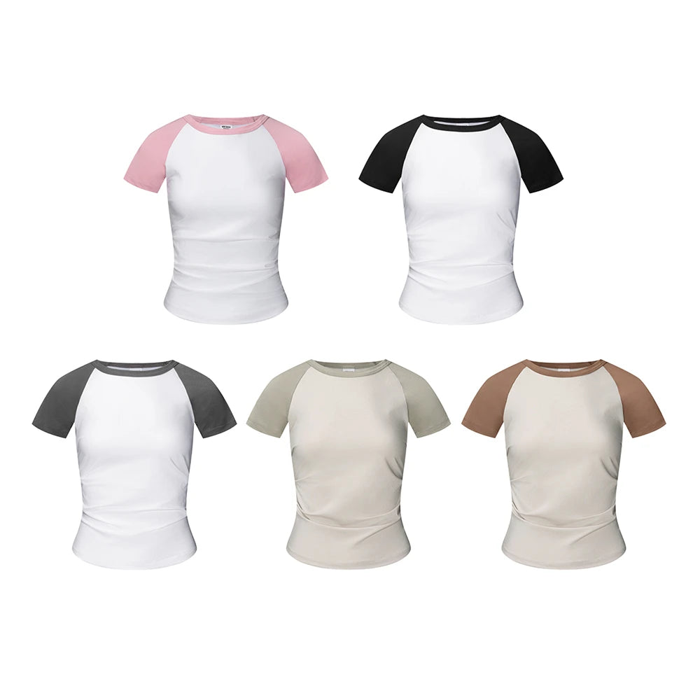 ZODF Hotsweet Summer Women Raglan Sleeve T-Shirts Girls Slim Fit 150gsm Casual Patchwork O Neck T Shirt Brand Tees HY1021