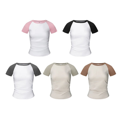 ZODF Hotsweet Summer Women Raglan Sleeve T-Shirts Girls Slim Fit 150gsm Casual Patchwork O Neck T Shirt Brand Tees HY1021