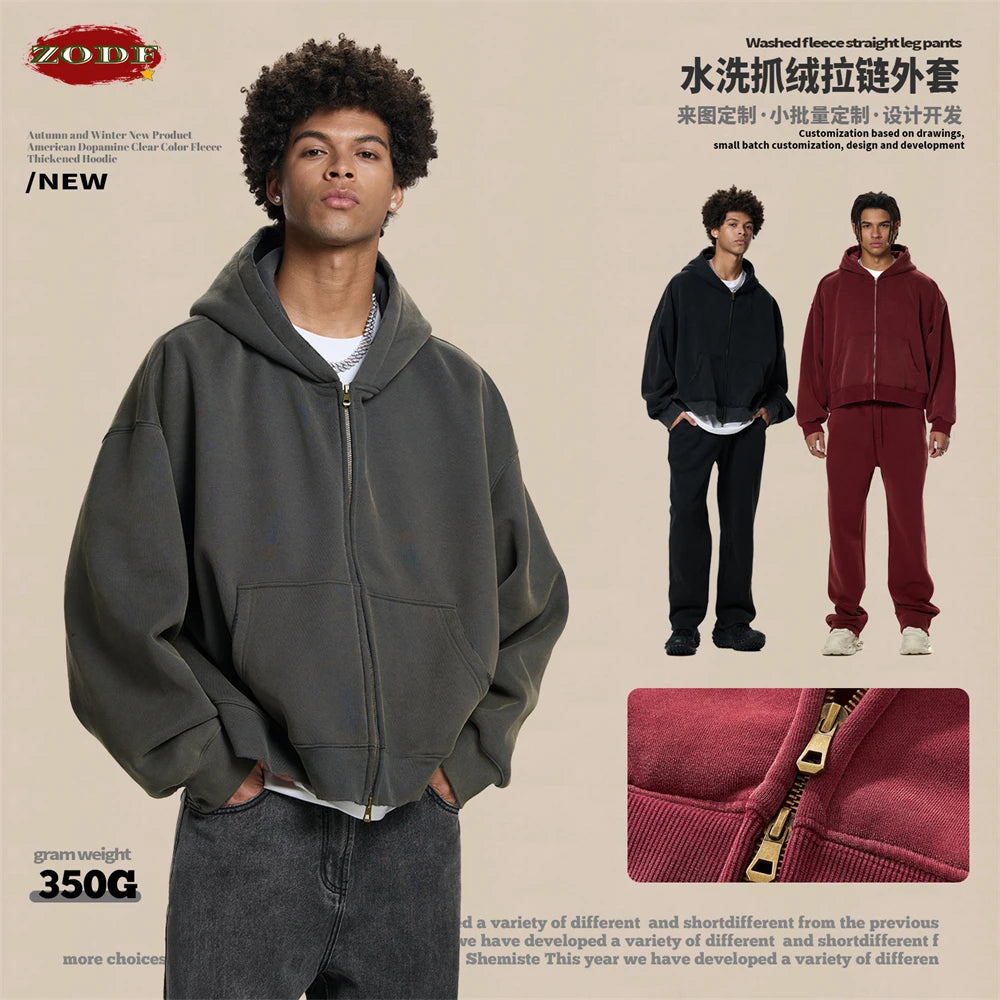 ZODF Retro Winter 350gsm Washed Zipper Fleece Hoodies For Men Unisex Loose Fit Boxy Style Thick Warm Hooded Coat Outfits HY0042