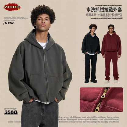 ZODF Retro Winter 350gsm Washed Zipper Fleece Hoodies For Men Unisex Loose Fit Boxy Style Thick Warm Hooded Coat Outfits HY0042