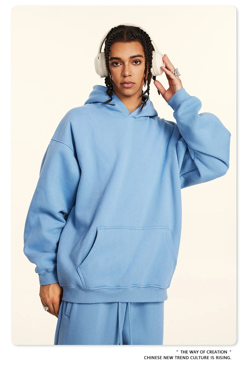 ZODF New 2024 Autumn Winter Men 345gsm Fleece Hoodies Unisex Women Relax Fit Warm Solid Hooded Pullovers Sweatshirts HY0863