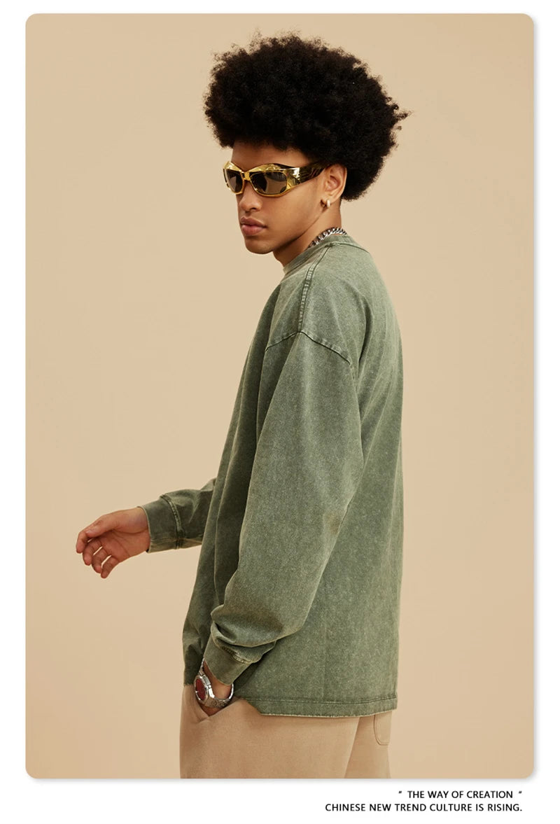 ZODF Retro 2025 Men Autumn Batik Washed T Shirt Unisex Oversized Basic Long Sleeve Solid 270gsm Cotton T-Shirts Tees HY0641