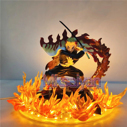 Demon Slayer Rengoku Kyoujurou Anime Figures Fire Led Scene DIY PVC Action Figure Toys Kimetsu no Yaiba Figurine Kids Doll 14cm