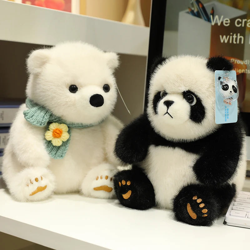 Artificial Fluffy Plush Stuffed Animal Cute White Bear Black White Panda Plushies Kawaii Scarf Decor Polar Bear Toys
