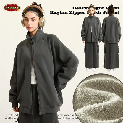ZODF Retro Winter Men Washed Fleece Zipper Jackets Unisex Loose Oversized 400gsm Raglan Sleeve Coats Streetwears HY0649