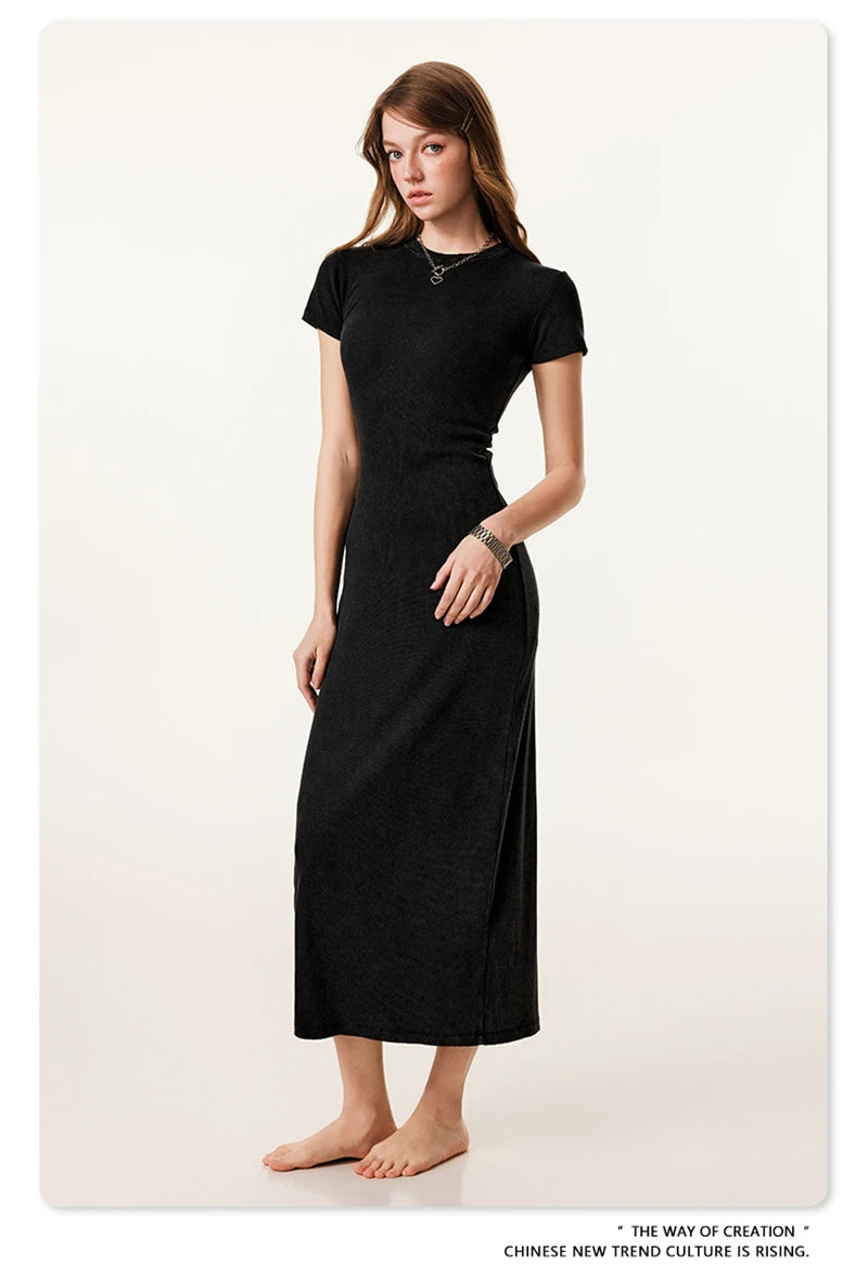 ZODF Sexy 2025 Spring Women 275gsm Long Dress Female Girls O Neck Washed Distressed Slim Slit Fit Dresses HY1008