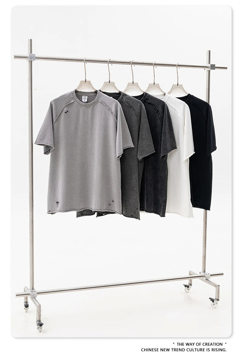 ZODF 2025 Men Summer Heavy Weight Washed 330gsm Cotton T-shirt Unisex High Street Distressed Holes Oversized T Shirts Tee HY0984